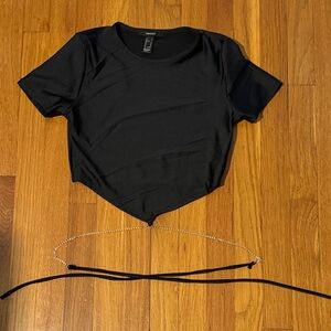 Forever 21 Black Short-Sleeve Crop Top with Tie Detail